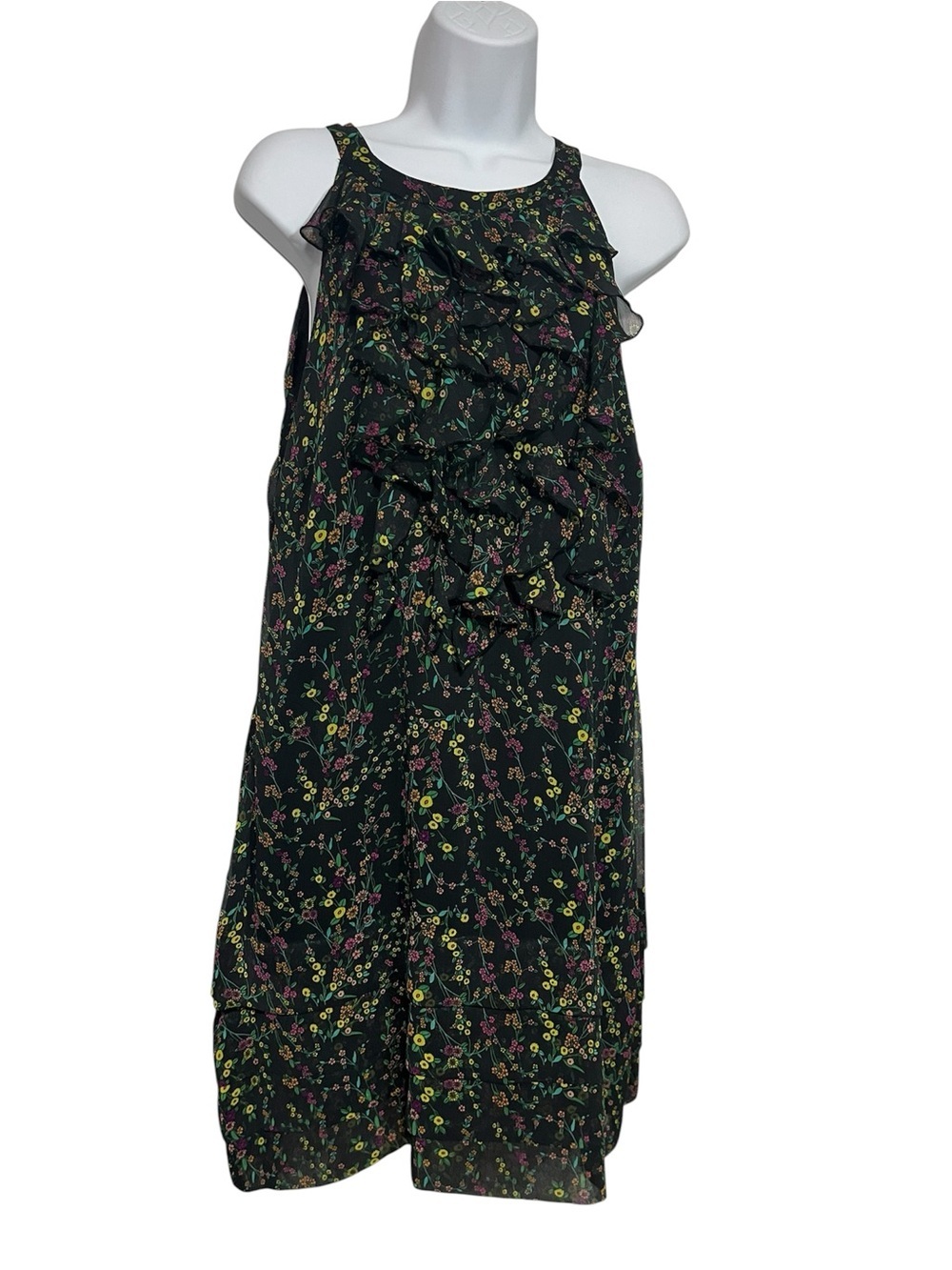 Vintage 90s Y2K Black Floral Ruffle Dress Size 14 Tiered High Neck Party Club